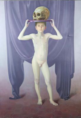 a painting of a young boy with a skull on his head