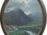 an image of a painting of a mountain scene with a river in the foreground and a house in the foreground