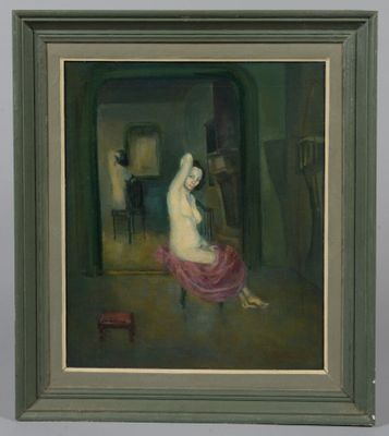 une peinture à l'huile représentant une femme assise sur une chaise dans une pièce