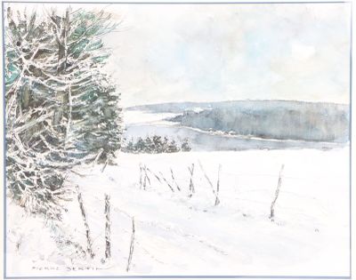 une peinture d'un paysage enneigé avec des arbres au premier plan