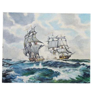 tableau représentant deux navires en mer sous un ciel nuageux