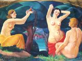 painting of three nudes in a forest with a bird in their hand