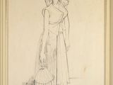 dessin représentant une femme tenant une cage à oiseaux à la main