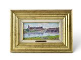 a painting of a river scene with a bridge and buildings in the background