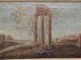 an old painting of a man and a woman standing in front of a gate