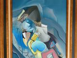 tableau représentant un homme en costume bleu, coiffé d'un chapeau et portant une valise
