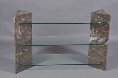 a glass shelf with rocks and shells on it