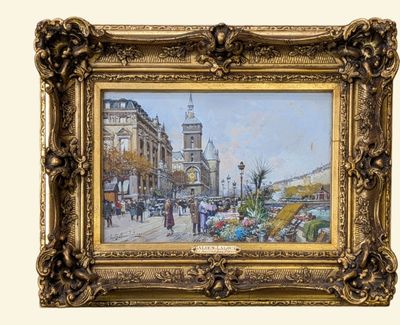une photo d'un tableau représentant une scène de rue, dans un cadre doré