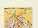 drawing of a painting of a vase with a plant in it on a yellow background