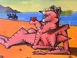 a painting of a man sitting in a chair on the beach