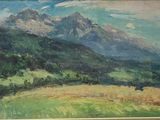 an oil painting of a mountain scene with a valley in the foreground