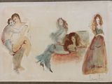 three watercolors of a woman playing a guitar and a man sitting on a couch