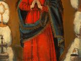 an image of a painting of a woman in a red dress