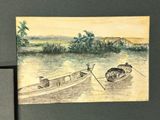 a picture of a painting of two boats on the water