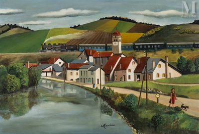 une peinture d'un train descendant les rails