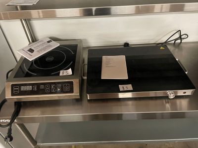 two burners on a metal shelf in a kitchen