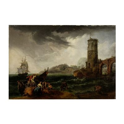 un tableau représentant des personnes sur un bateau, au milieu d'un plan d'eau près d'un phare