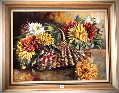 painting of a basket of flowers with sunflowers on a table