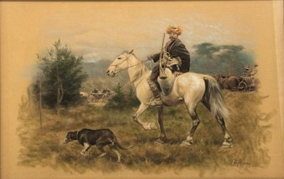 painting of a man on a horse with a dog in a field