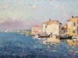 painting of boats in a harbor with buildings in the background