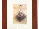 tableau représentant une femme en robe noire tenant un sac noir