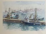 a painting of boats docked at a dock in the water