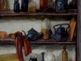 une peinture représentant une étagère remplie de bouteilles et d'autres objets