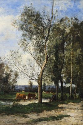 une image représentant un tableau montrant des vaches dans un champ près d'un arbre