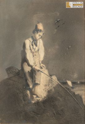 une vieille photo d'un homme assis au sommet d'un tas de sable
