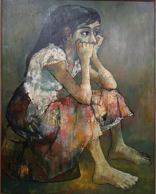 an oil painting of a woman sitting on the ground with her hand on her face