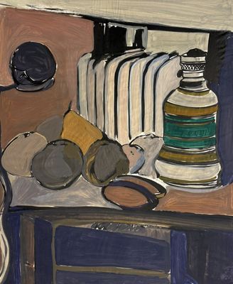 une peinture représentant une cuisine avec une cuisinière et de la vaisselle sur le plan de travail
