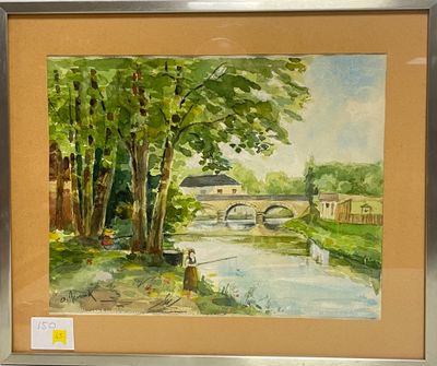une image d'une peinture représentant un pont sur une rivière