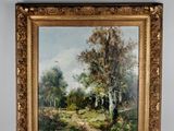 an oil painting of a country road with trees and a stream