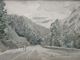 a picture of a painting of a mountain road