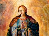 a painting of an image of a woman with a bird above her head