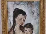 an oil painting of a woman holding a baby in her arms