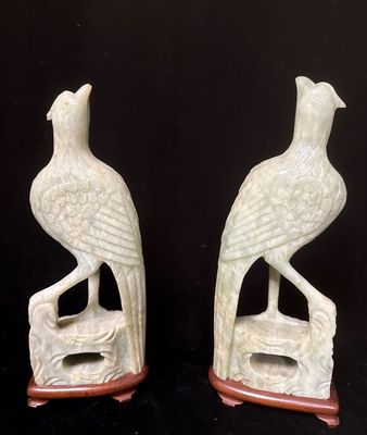 Chine, deux échassiers, sculptures en pierre dure, H 30