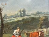 un tableau représentant une femme et deux vaches dans un champ