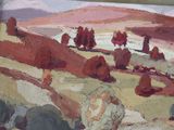 a painting of a painting of a landscape with trees in the foreground