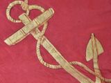 someone holding a red flag with a gold anchor on it