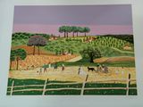a painting of a farm scene with people and animals