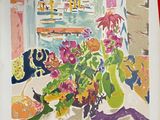 a picture of a painting of a vase of flowers on a table