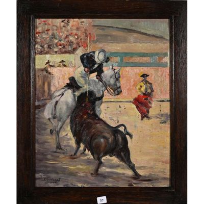 une peinture à l'huile représentant un homme à cheval et un taureau dans une arène