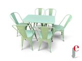 une table et des chaises disposées sur un fond blanc
