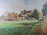 un tableau représentant une scène de vie à la ferme avec un cheval au premier plan