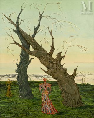 a painting of a woman standing next to a tree in a field