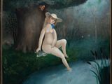tableau représentant une femme nue assise sur un tronc d'arbre au bord d'un étang