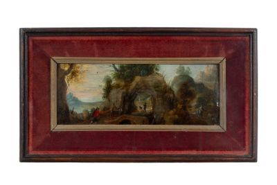 une peinture à l'huile représentant un paysage avec un homme et une femme au premier plan