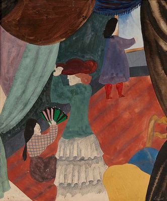 un tableau accroché au mur d'une pièce, représentant une femme tenant un éventail