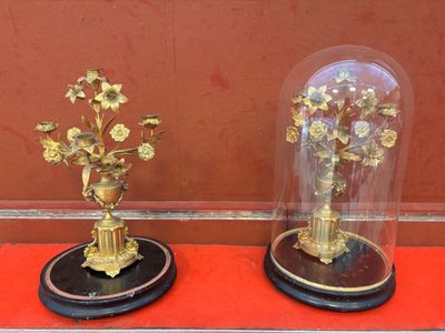 deux vases avec des fleurs sous un dôme en verre